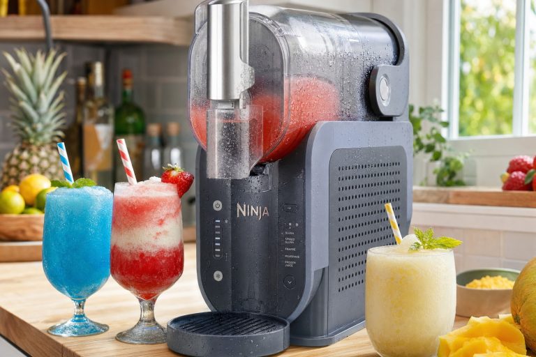 Ninja Slushi couvert de gouttelettes de condensation sur un plan de travail, entouré de trois boissons glacées