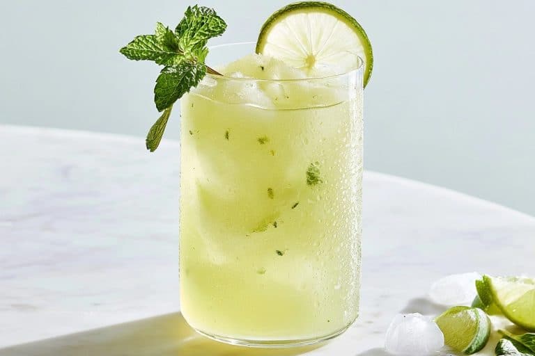 Slush glacé citron vert et coco à la menthe dans un verre sur une table en marbre blanc