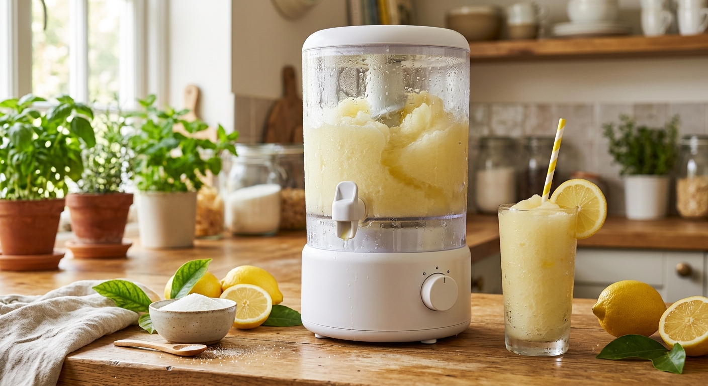 Machine a granite domestique sur un plan de travail en bois, cuve remplie de slush au citron, verre de granite et bol de sucre blanc a cote