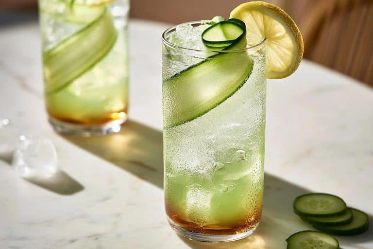 Cocktail au concombre dans un verre givré avec glaçons pilés, ruban de concombre et rondelle de citron sur table