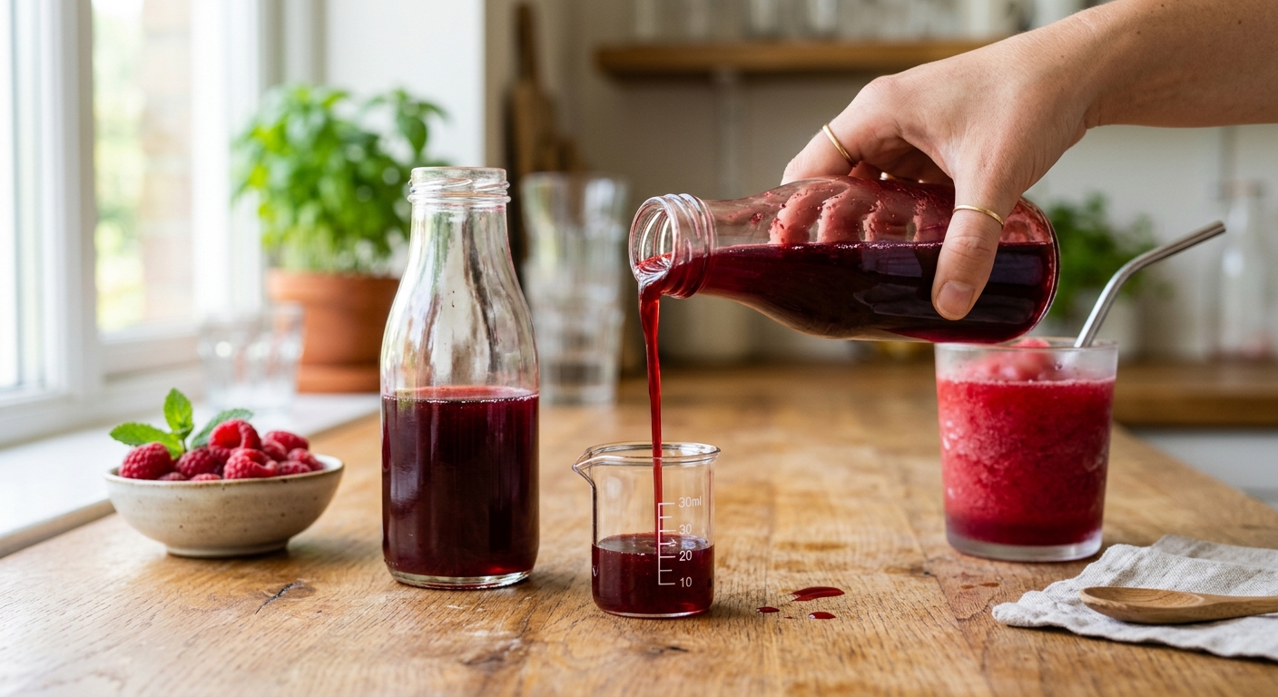 Sirop de fruits rouges verse d'une bouteille en verre dans un petit verre doseur gradue, framboises fraiches et verre de granite rouge a cote