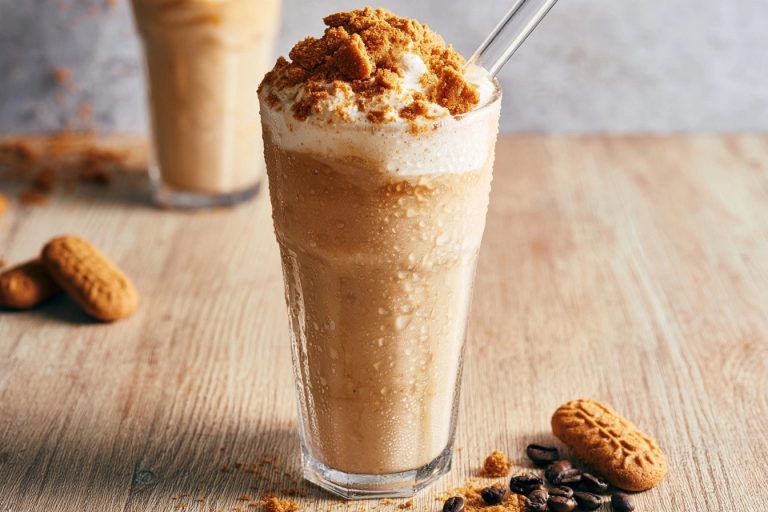 Frappé au café nappé de miettes de spéculoos dans un verre glacé entouré de biscuits et grains de café