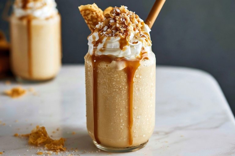 Milkshake au caramel beurre salé nappé de chantilly et d émietté de crêpes dentelle sur une table en marbre