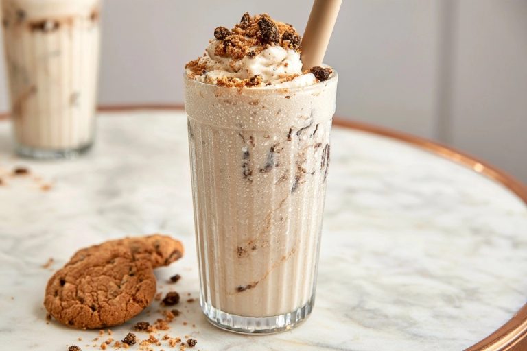 Un milkshake onctueux aux pépites de chocolat dans un verre strié accompagné de cookies sur une table marbrée