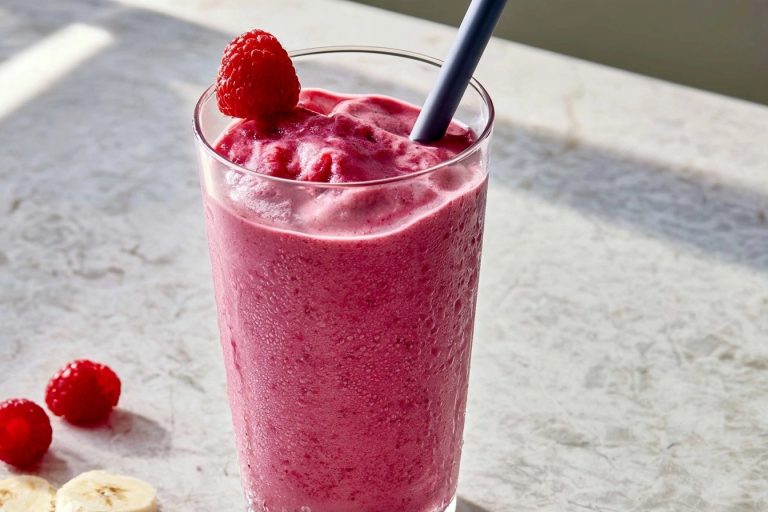 Smoothie glacé rose aux fruits rouges dans un grand verre sur un comptoir avec quelques baies et bananes